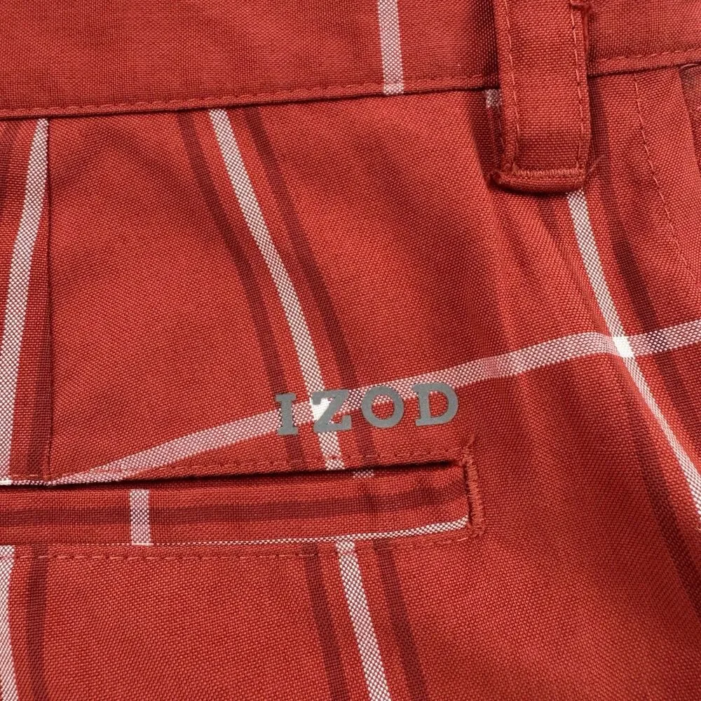 IZOD Golf Shorts Men 34 Rust Plaid Performance Flat Front Casual